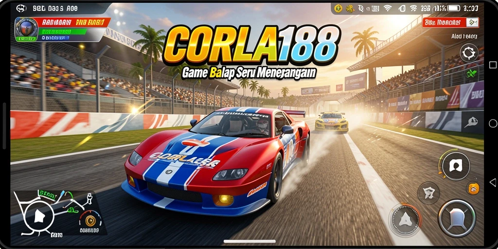 Tampilan gameplay intens dari CORLA188 yang menunjukkan balapan seru.