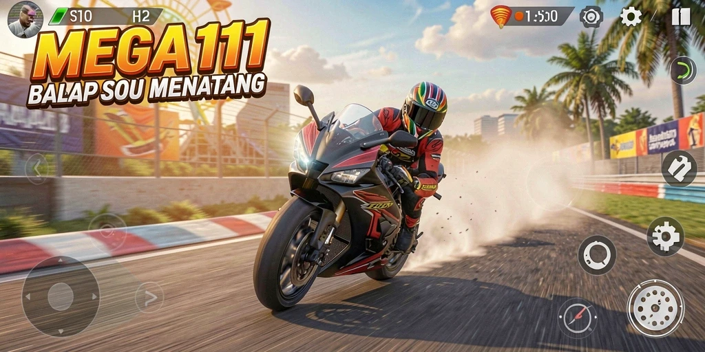 Gameplay seru MEGA111 dengan balapan motor yang menegangkan.