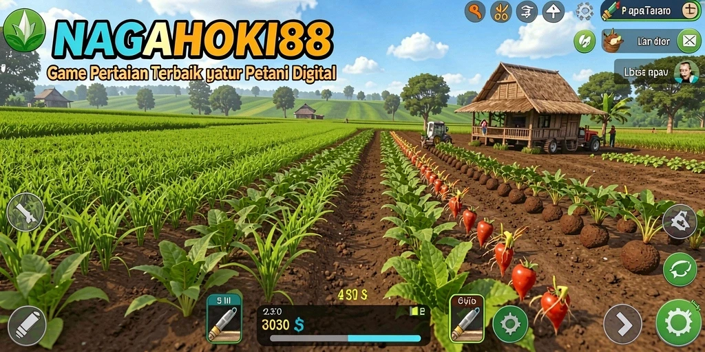 Tampilan gameplay NAGAHOKI88 yang menampilkan ladang pertanian yang subur.