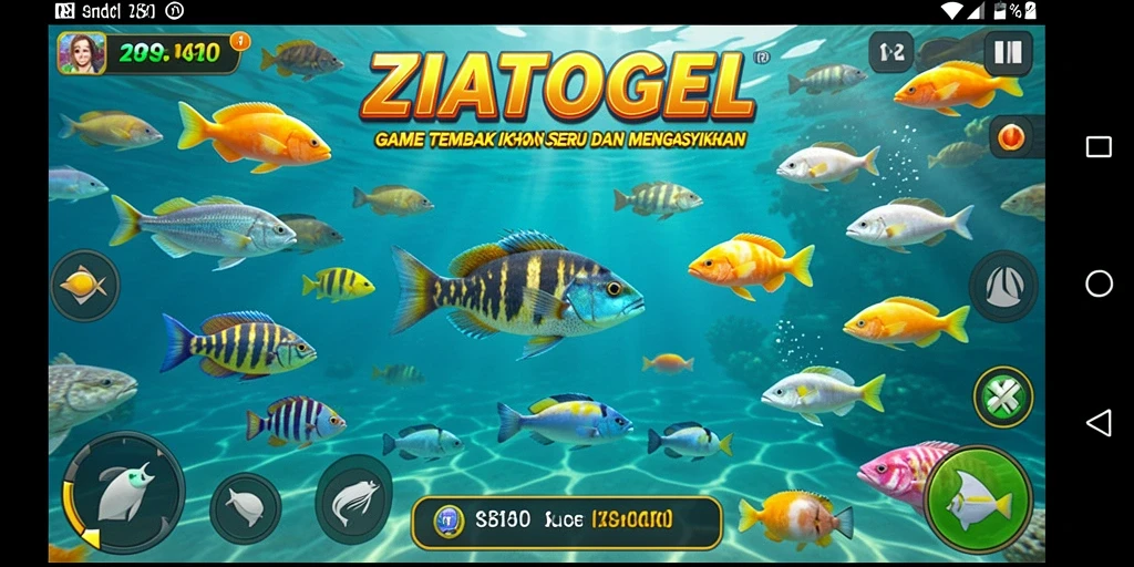 Screenshot utama ZIATOGEL menampilkan aksi seru menembak ikan.
